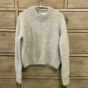 NWT Zara cream rhinestone encrusted sweater small